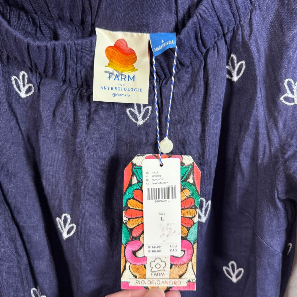 Farm Rio Anthropologie Jackie Navy Linen Pineapple Embroidered Romper Large NWT - Picture 5 of 6